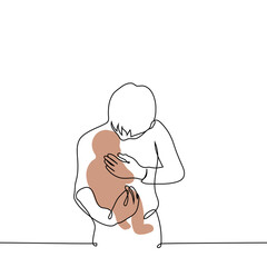 man cuddles baby - one line drawing vector. concept father or male guardian carefully holds the baby