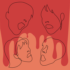 portraits of screaming people - one line drawing vector. concept square halloween banner of fearful people, horror, fear