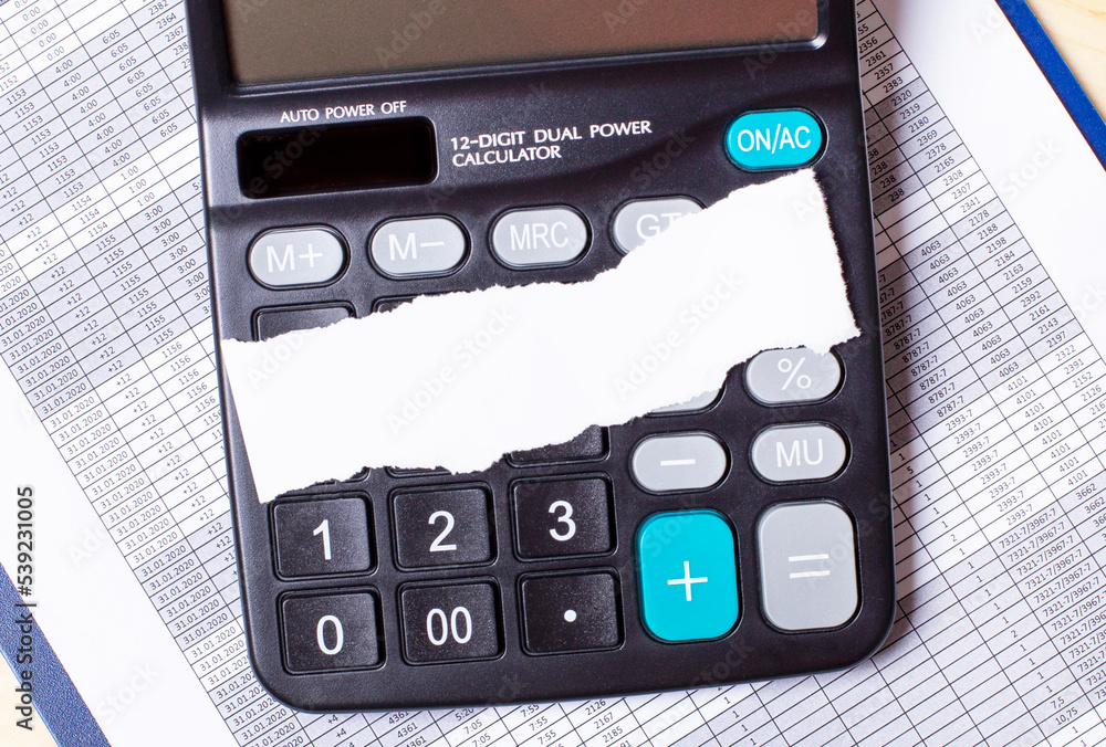 Poster on a digital calculator, a white strip of paper with a place to insert text on the background of an 