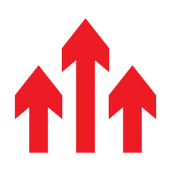 Three red arrows up icon. Upload symbol. Upgrade sign. Growth symbol. Creative project start, business advance, breakthrough sign. Fast growth symbol. Speed, grow up, increase isolated on white.