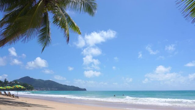 Coconut palm beach. Sea sky clouds. Beach sea. Palm trees beach.	