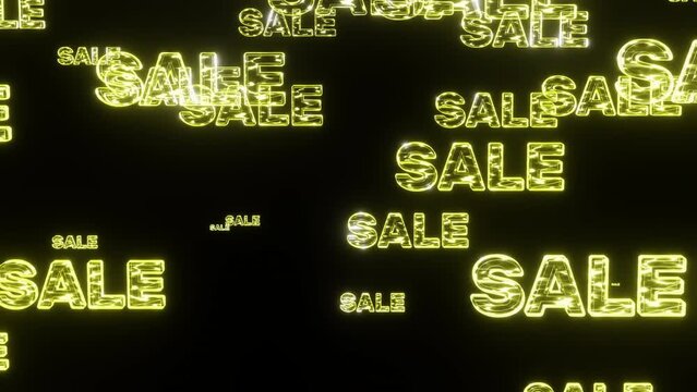 Yellow neon words sale on cyberpunk black background looped 3d render. Discount falling satisfying video seamless. Big sale, discount, black friday, shopping mall or coming soon concept