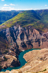 Bright turquoise river in the mountains. Sulak Canyon in Dagestan.