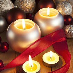 Christmas ornaments. Commemorative date with Santa Claus. Gifts, balls and Christmas tree. Christmas mood and decoration with lights. Xmas. Selective focus