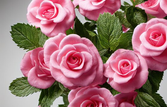 3D render, computer generated image of peppermint roses. This unique blend of peppermint leaves and flowers was created as a special edition for 2023 Valentine's Day to celebrate the winter holidays