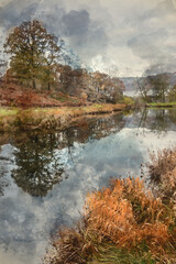 Fototapeta na wymiar Digital watercolour painting of Epic Autumn landscape image of River Brathay in Lake District with fog across river and vibrant woodlands