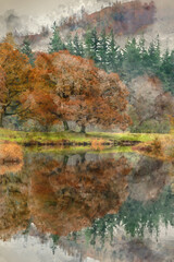 Digital watercolour painting of Epic Autumn landscape image of River Brathay in Lake District with fog across river and vibrant woodlands