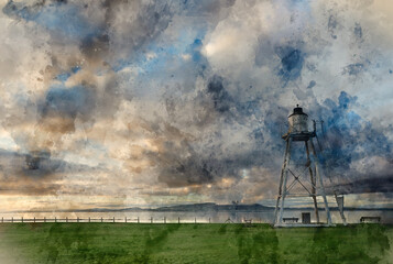 Digital watercolour painting of Stunning Autumn sunset landscape image of Sillloth lighthouse with Dumfries and Galloway mountains in distance