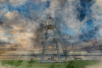 Digital watercolour painting of Stunning Autumn sunset landscape image of Sillloth lighthouse with Dumfries and Galloway mountains in distance