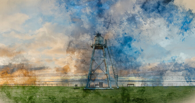 Digital watercolour painting of Stunning Autumn sunset landscape image of Sillloth lighthouse with Dumfries and Galloway mountains in distance