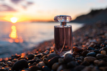 Perfumery and marketing. Lilac glass perfume bottle on a pebble beach, on the seashore, close-up....
