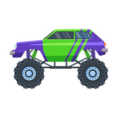 Green monster car. Colorful cartoon truck on big wheels, toys for children isolated on white. Vector illustrations for racing, competition, automobile constructor, robotics concept