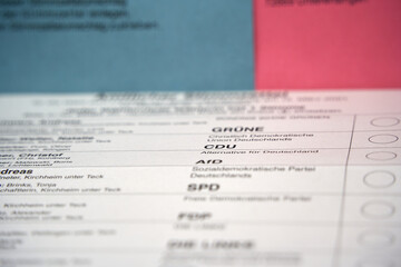 Fototapeta premium Ballot papers (Stimmzettel, Umschlag und Wahlbrief) for postal voting. Voting for the formation of a government. Word CDU in Focus.
