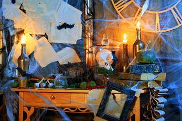 Halloween table decoration with spider web low key