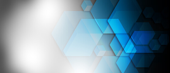Abstract repeating hexagonal shape on blue, black and white background