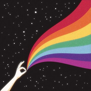 Hand holds rainbow in space.  LGBT flag. Romantic retro poster