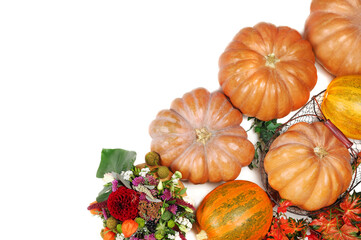 Top view of set of pumpkins with autumn flowers isolated on wide white background