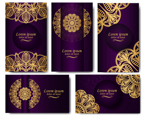 Golden mandala on a purple background. Set of five luxurious backgrounds using ethnic ornaments. Possible vector designs for cards, invitations, labels, packaging.