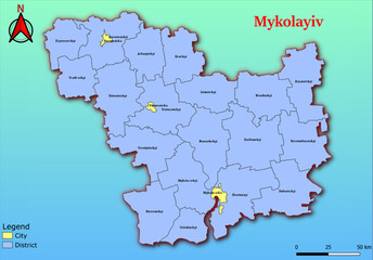 Vector map of the Ukraine administrative divisions of Mykolayiv Region with City, City Council, District, Raion