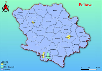 Vector map of the Ukraine administrative divisions of Poltava Region with City, City Council, District, Raion