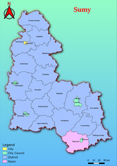 Vector map of the Ukraine administrative divisions of Sumy  Region with City, City Council, District, Raion