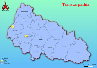 Vector map of the Ukraine administrative divisions of Transcarpathia Region with City, City Council, District, Raion