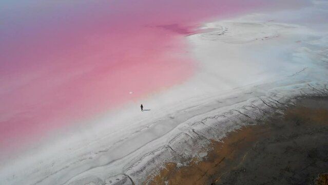 Girl walking on the Pink lake salt. Aerial video 4K with nature pink water Lemuria lake of travel in the Pink lakes backgrounds. Ukraine