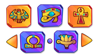 Cartoon stone board with egyptian culture religious symbol. Ancient Egypt icons for game user interface. Vintage objects of scarab, eye of horus, scarab, ankh cross, lotus, sun god. Protective amulet.