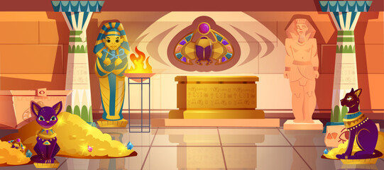 Cartoon Egypt tomb interior with pharaoh sarcophagus and old sculpture