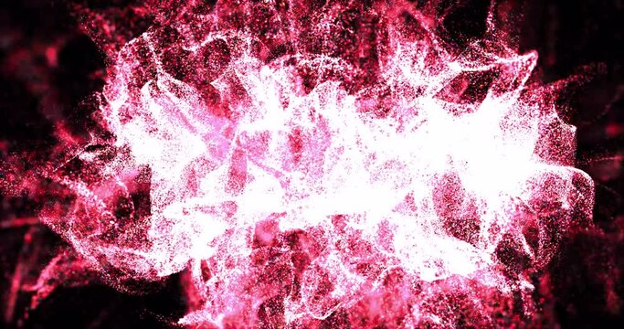 Abstract background of red moving flying small particles waves of smoke with the effect of glow and blur of an exploding sphere. Screensaver beautiful video animation in high resolution 4k