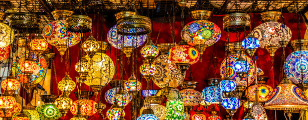 Colorful Turkish lamps for sale at the Grand Bazaar in Istanbul, Turkey, Europe