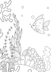 Seabed with algae and fish. Antistress coloring book, white background and black lines. Vector