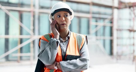 Phone call, logistics or architect woman communication, networking or planning building idea in construction site. Engineer, construction worker or employee with smartphone for engineering strategy - Powered by Adobe