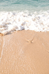 Top view of sand sea and wave. Holiday concept with sea and sand. Sea foam and sand. Holiday phone screen background.