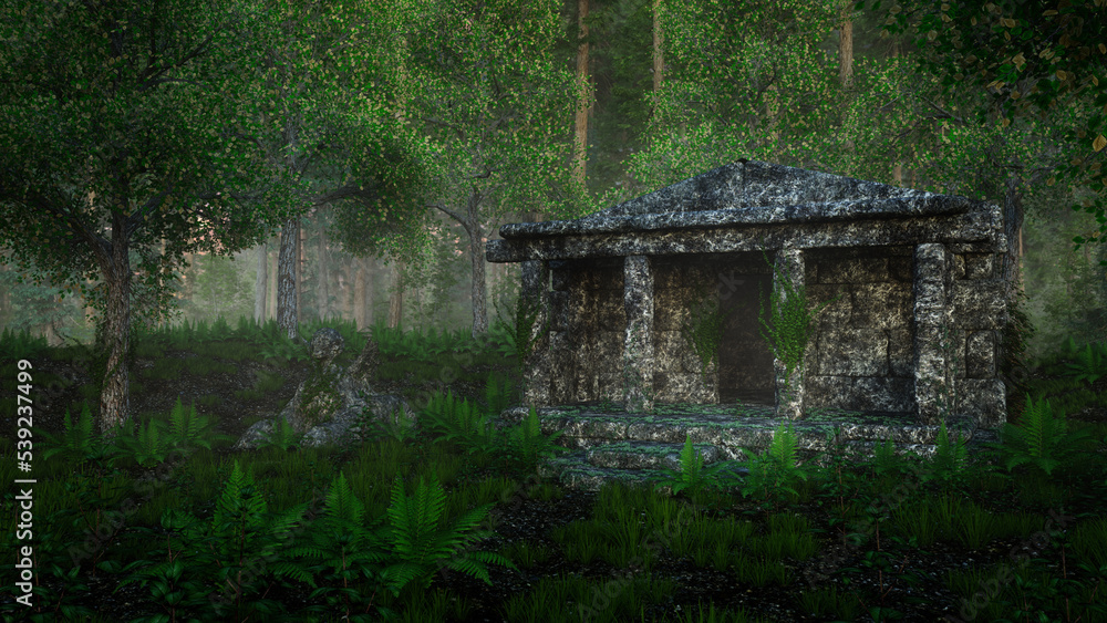 Aufkleber Ancient ruined temple building from a lost civilization in a forest clearing. 3D rendering.