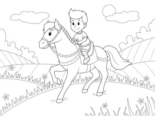 Boy riding a pony. Background nature field and meadow. Coloring book, vector.