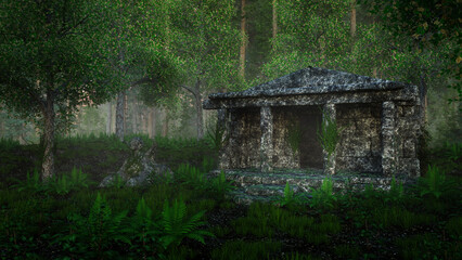 Ancient ruined temple building from a lost civilization in a forest clearing. 3D rendering.