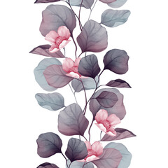 Seamless floral border. Delicate leaves and branches pattern