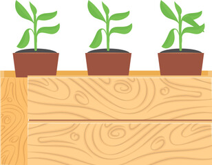Seedling in wooden crate. Growing green plants cartoon icon