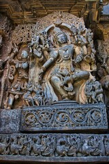 Fototapeta na wymiar Beautiful Soft Rock Sculptures of Helebid, Karnataka. Historical Hoysala monument representing Indian art and history