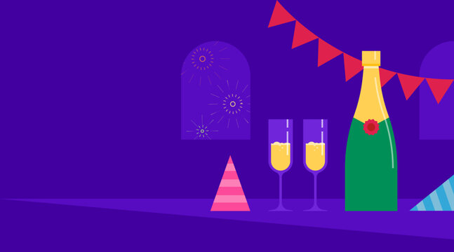 Happy New Year Banner Greeting Card Festive Celebration 2022 Illustration Modern Elegant Colorful Neon Tones Purple