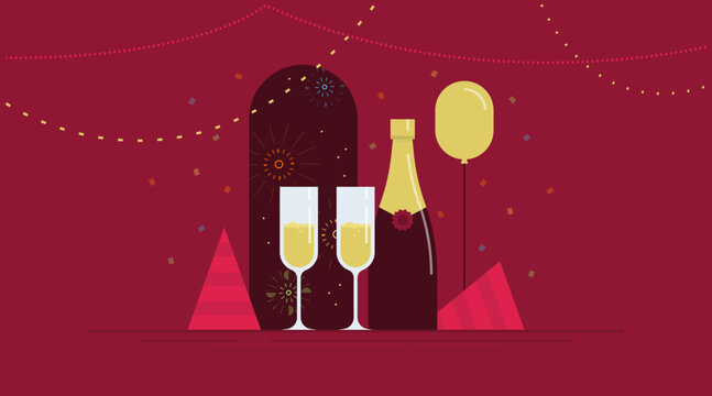 Happy New Year Banner Greeting Card Festive Celebration 2022 Illustration Modern Elegant Cherry Red Tones Fall
