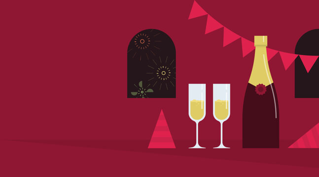 Happy New Year Banner Greeting Card Festive Celebration 2022 Illustration Modern Elegant Cherry Red Tones Fall