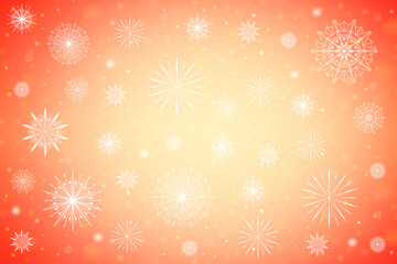 Red and yellow Christmas winter background with snowflakes, bokeh lights and a place for text. Christmas background