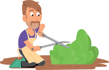 Gardener trimming green bush. Cartoon farmer with scissors