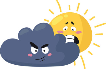 Cloud with evil green face hiding scared sun. Weather emoji