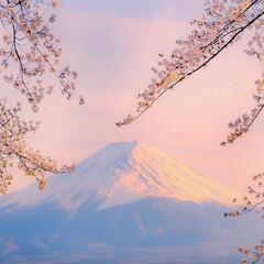 Scenic view of Mount Fuji seen behind blooming sakura trees in Japan at sunset