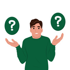 Make choice, decision concept. A young man makes a choice, thinks, analyzing two options. Doubting, deciding, setting priorities. Flat vector illustration