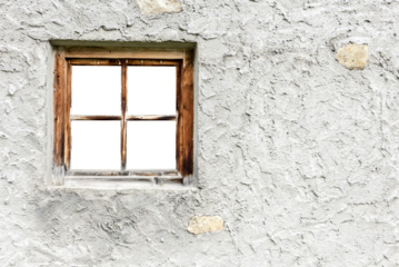 Hauswand mit einem durchsichtigen Fenster mit Holzrahmen und Fenstergitter als Hintergrund