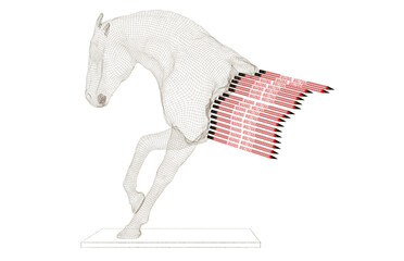 Statue of horse partially erased by pencils with eraser, metaphorically represents cancel culture and historical revisionism, 3d illustration, 3d rendering